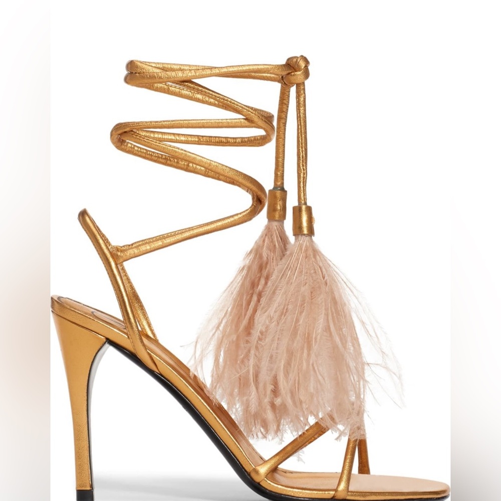 Valentino Upflair Feather-Trimmed Metallic Leather Ankle Wrap Heeled Sandals 38